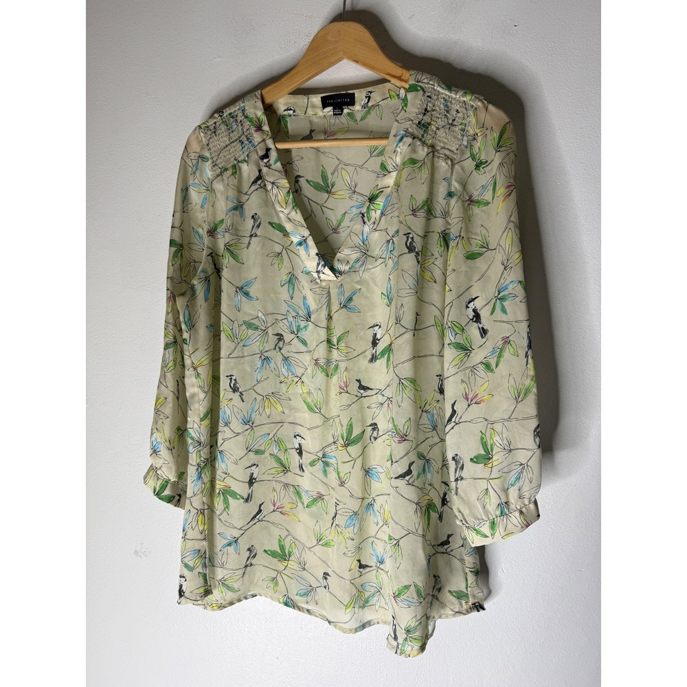 The Limited Bird Print V-Neck Blouse Cream Green Smocked Shoulder Top Large